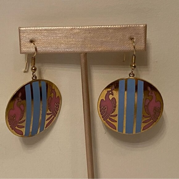 SIGNED ERM EARRINGS PINK DOUBLE PHOENIX BLUE STRIPE GOLD TONE CIRCLE DROP WIRE - Picture 3 of 8
